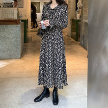 Load image into Gallery viewer, women retro print midi dress long sleeve turn down collar female casual vintage mid calf dresses vestidos